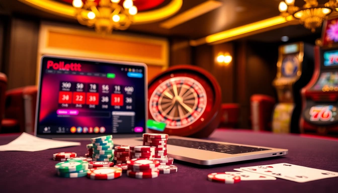 Scène captivante d'un casino en ligne fiable avec des jetons de poker, des cartes et une roulette.