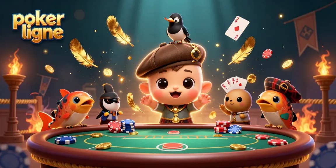 Jouez au poker en ligne avec des personnages amusants sur une table colorée entourée de jetons et pièces d'or.