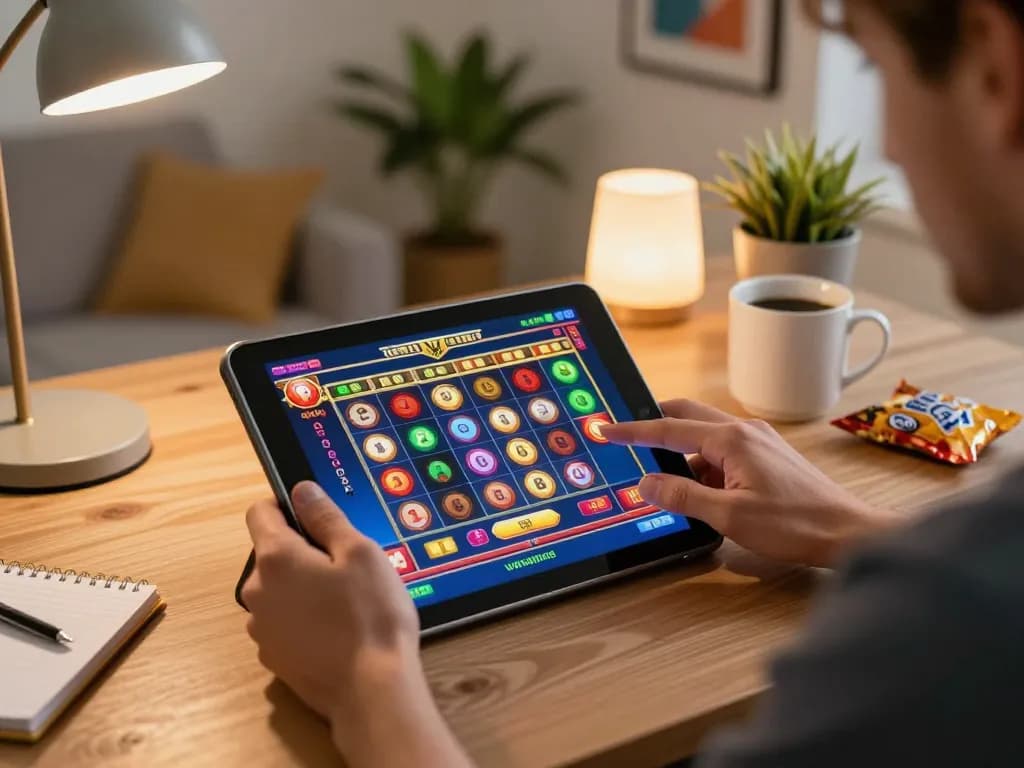 Engaging tablet gameplay of situs slot bet 200 in a cozy home environment with strategic features.