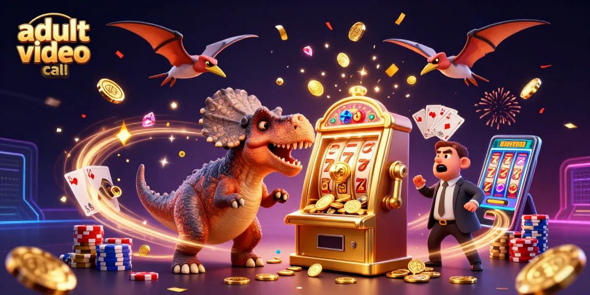 Engage in an exciting adult video call as lively characters enjoy virtual casino gameplay amidst flying coins and vibrant energy.