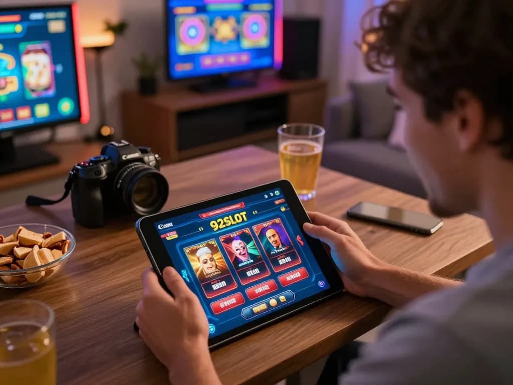Player enjoying the 92slot casino app on a tablet in a cozy home while navigating exciting games.