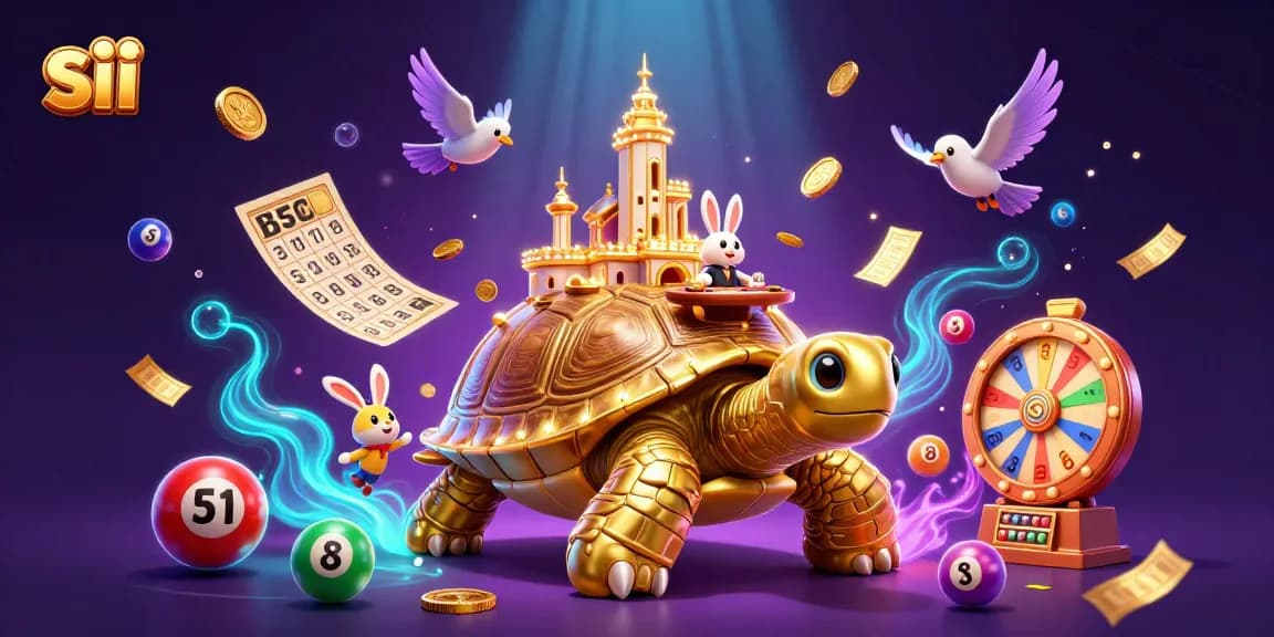 Engage with sii in an exciting casino scene featuring a golden tortoise and dynamic lottery elements.