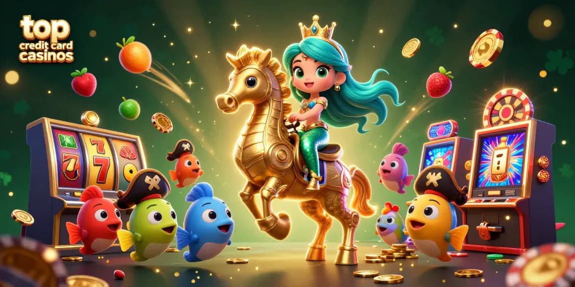 Experience top credit card casinos with vibrant illustrations of mermaid princess and casino reels.