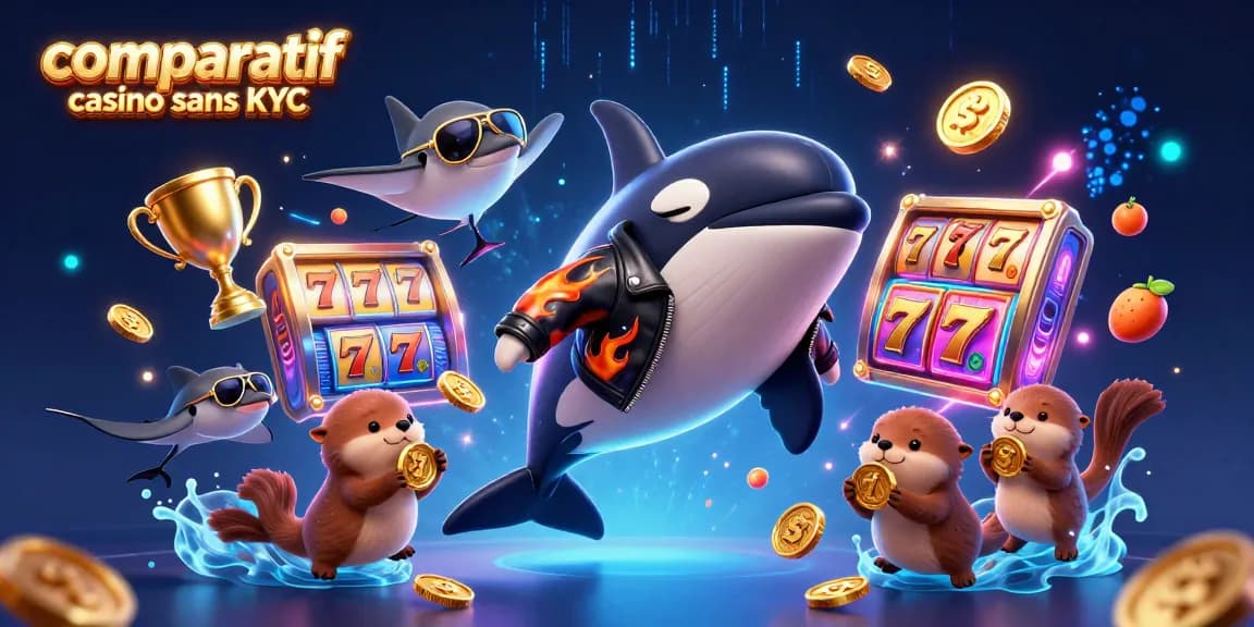 Comparatif casino sans KYC : illustration d'une scène dynamique avec une orque, une raie et des loutres qui misent.