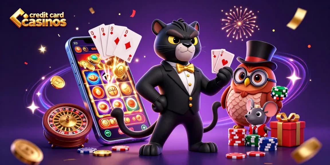 Experience the excitement of credit card casinos with dynamic illustrations of engaging characters and casino elements.