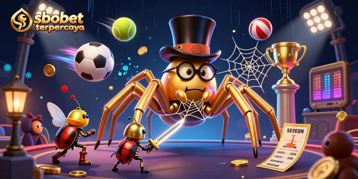 Sbobet terpercaya illustrated with a golden tarantula and sports betting elements in a vibrant casino scene.