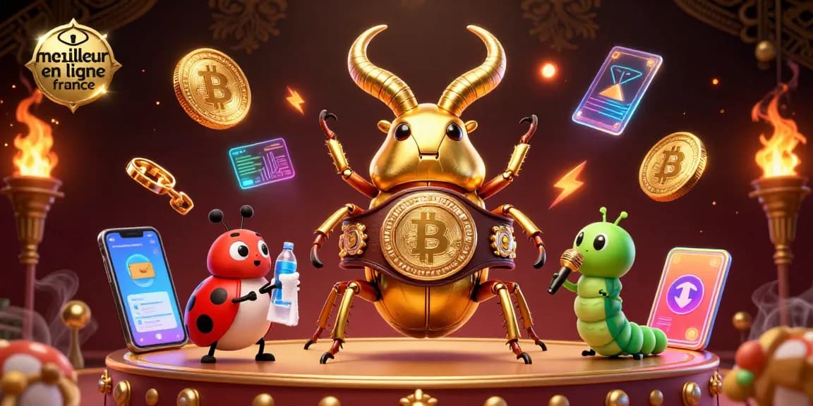 Illustration représentant le meilleur casino en ligne France avec un scarabée géant et des symboles de crypto.