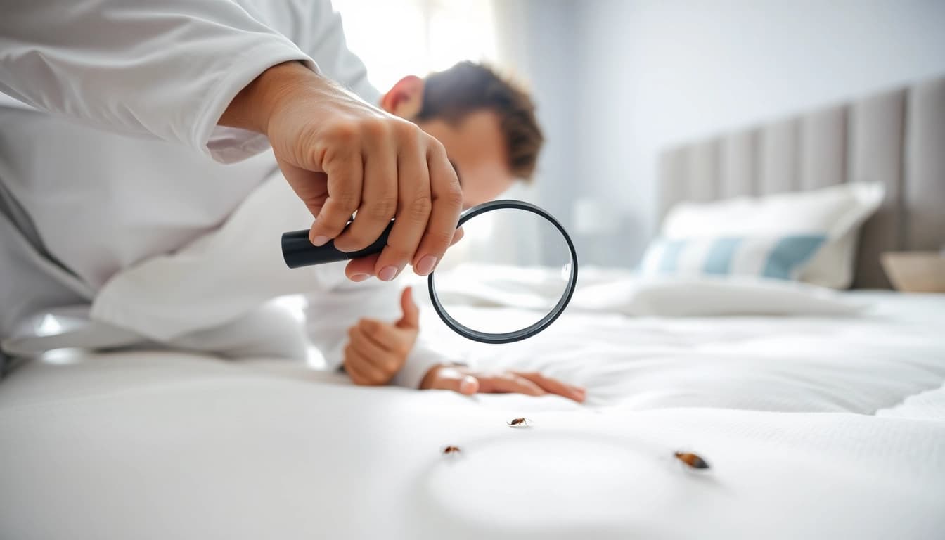 Inspecting bed bugs with bed bug extermination services in a bright, clean bedroom.