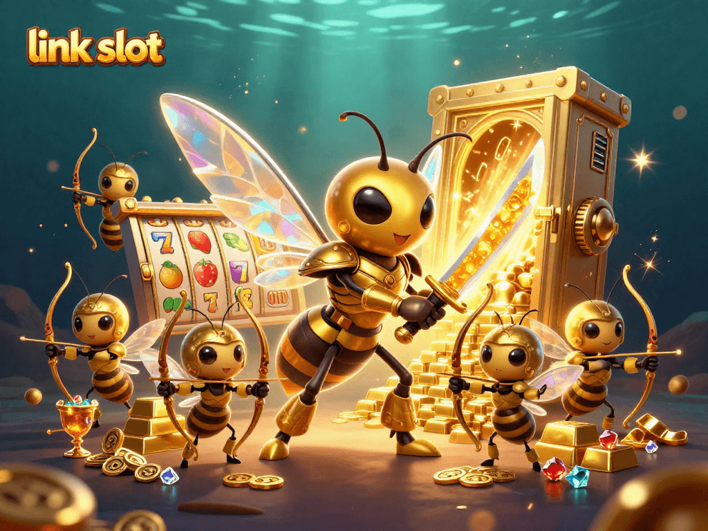 Experience thrilling action with link slot featuring vibrant slot reels, a golden hornet, and treasure.