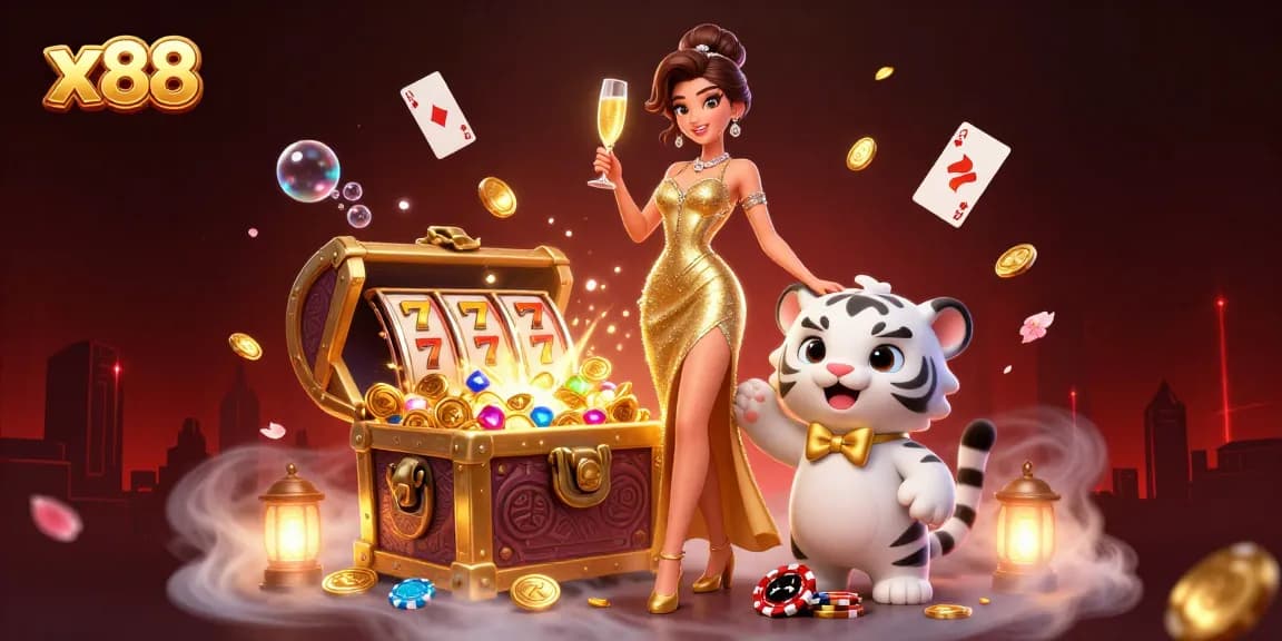 Experience excitement with x88 as a glamorous woman celebrates beside a lucky white tiger cub in a casino.