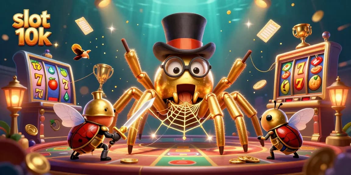 Engage in slot 10k adventures with a golden tarantula, beetle knight, and festive casino elements.