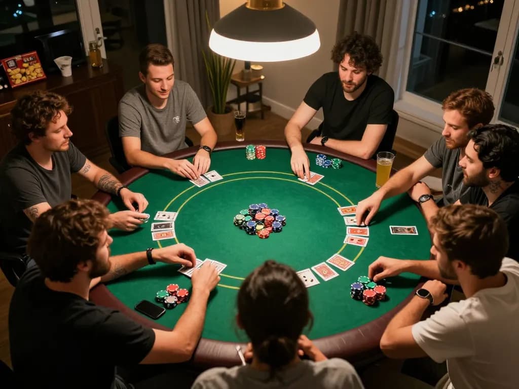 Players engaging in an exciting poker game at home, showcasing 789 club atmosphere with cards and chips