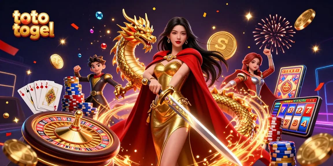 Adegan kasino toto togel yang menarik dengan ratu pejuang yang menakjubkan dan naga emas, elemen kasino yang semarak.