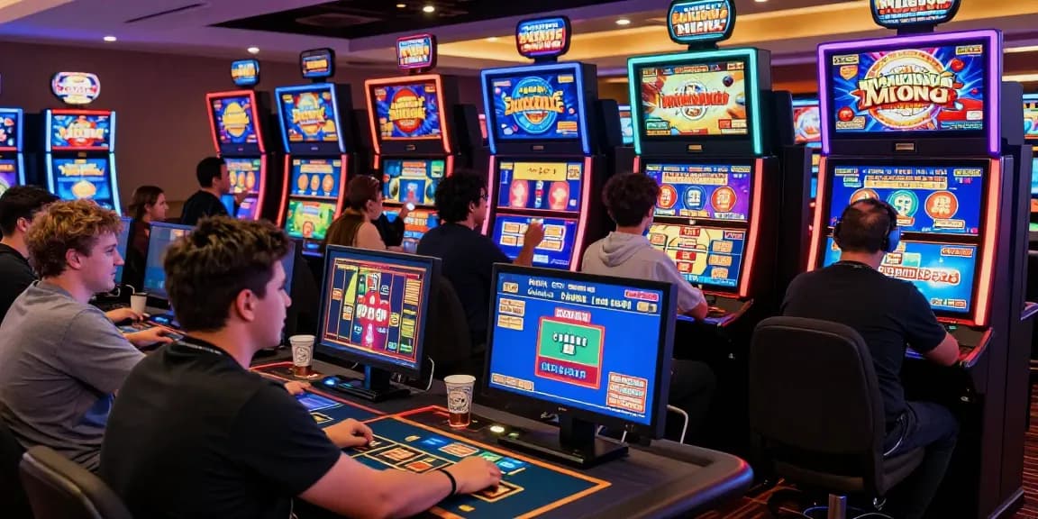 Atmosphère de jeu passionnante dans un casino en ligne, mettant en avant des joueurs profitant d'interactions en temps réel et de graphismes de machines à sous vibrants.