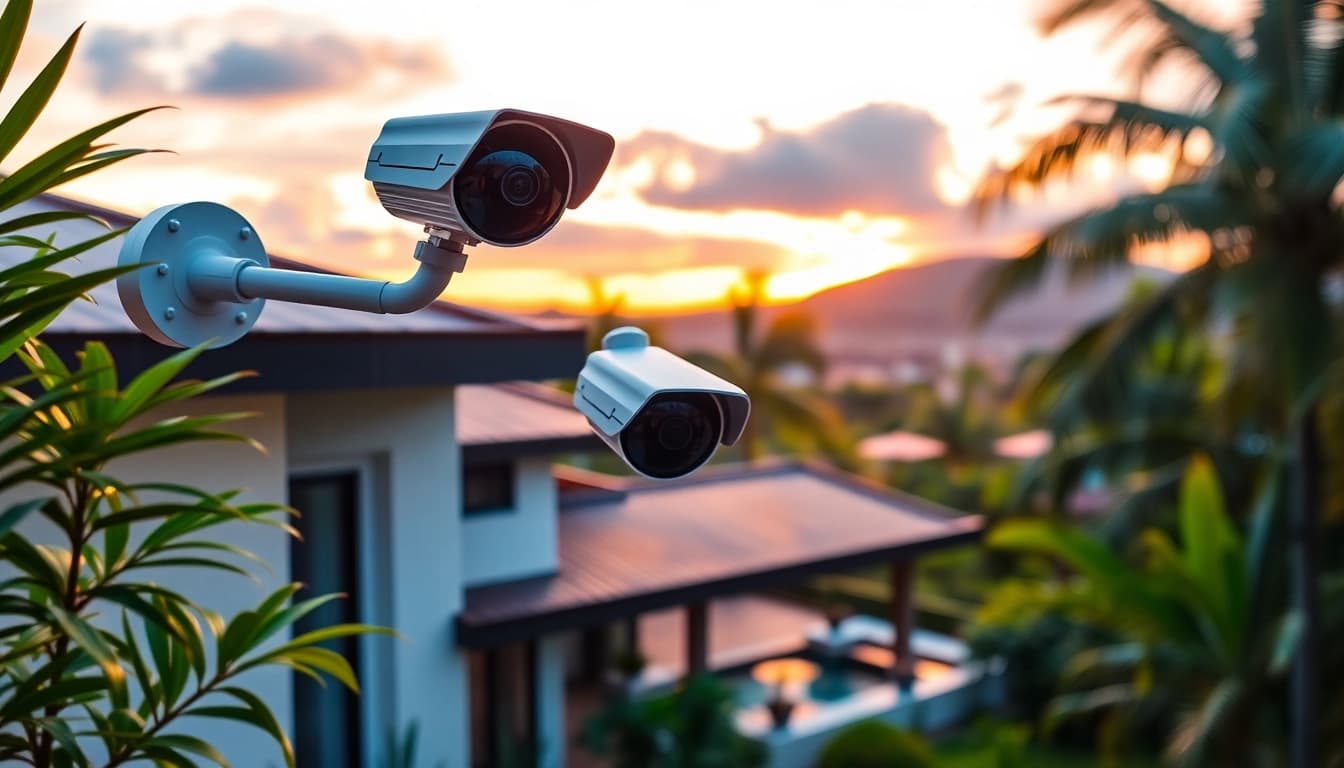 Cámaras de seguridad en Liberia que muestran tecnología de vigilancia avanzada en un entorno tropical.