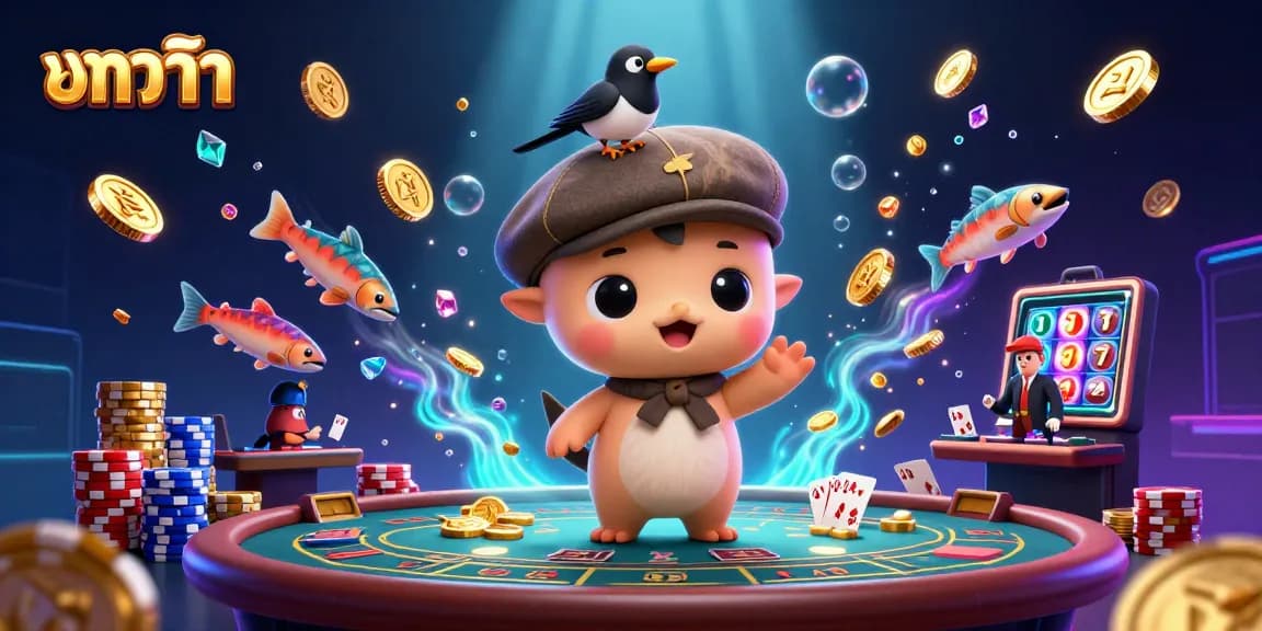 Experience บาคาร่า with thrilling card games and playful characters amidst vibrant casino elements.
