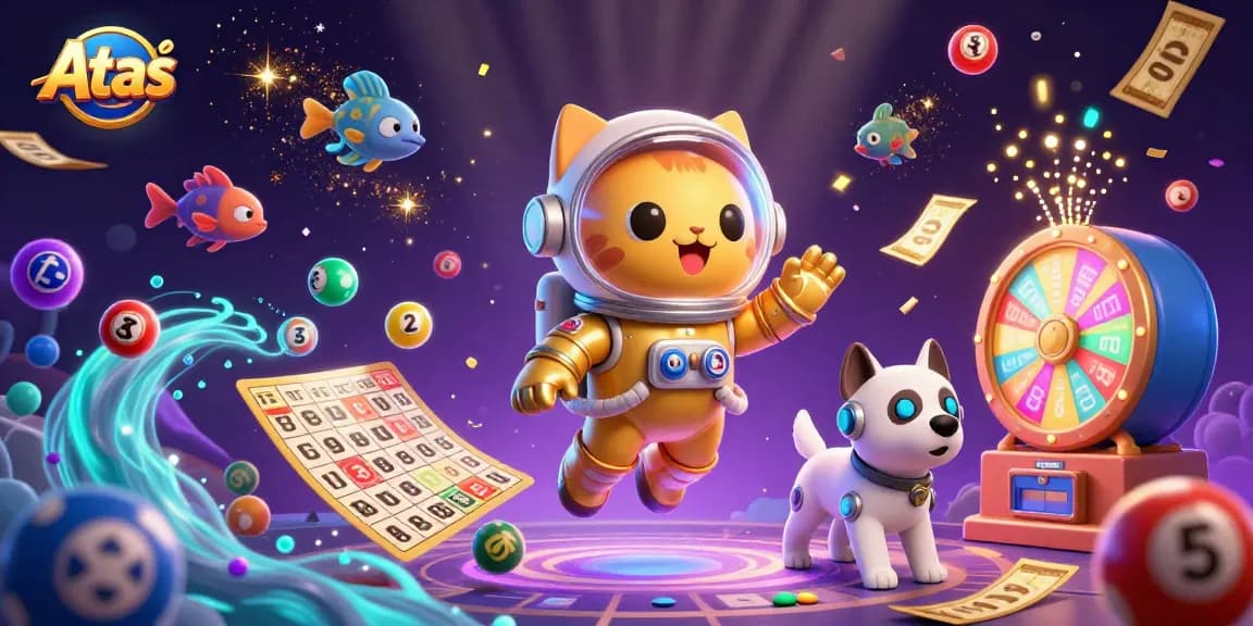 Engage with Atas casino games featuring colorful lottery balls and vibrant prize elements.