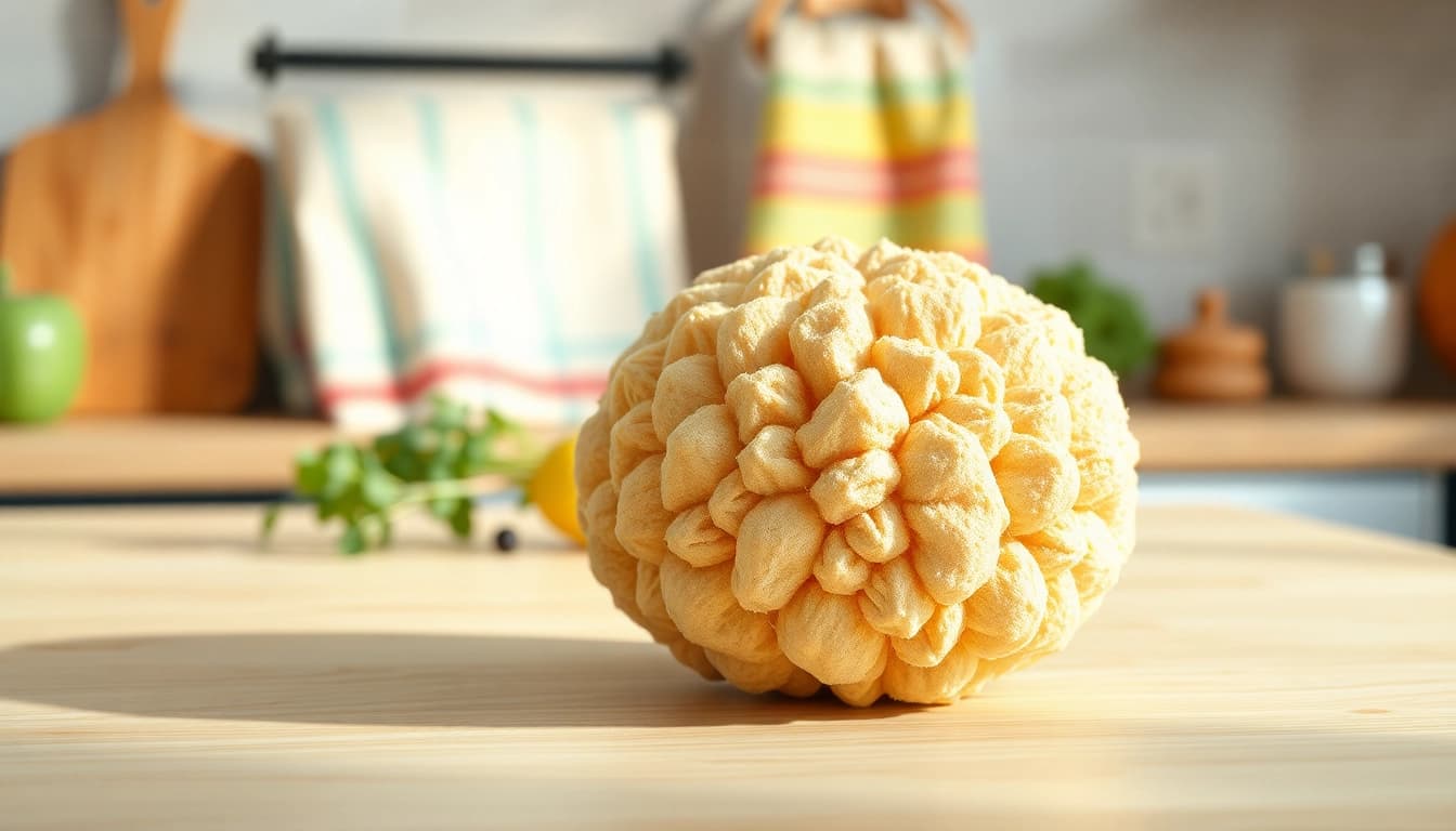 Using a kitchen loofah on a wooden countertop with herbs, showcasing its texture.