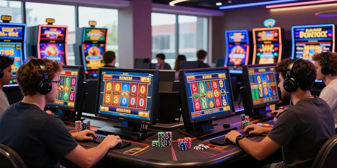 Excited players engaging with bonus buy slots UK at vibrant online casinos, showcasing colorful reels and lively atmosphere.