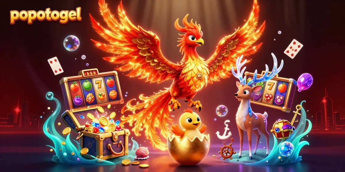 Experience popotogel's thrilling gaming landscape with a vibrant 3D phoenix scene showcasing slot reels and exciting game elements.