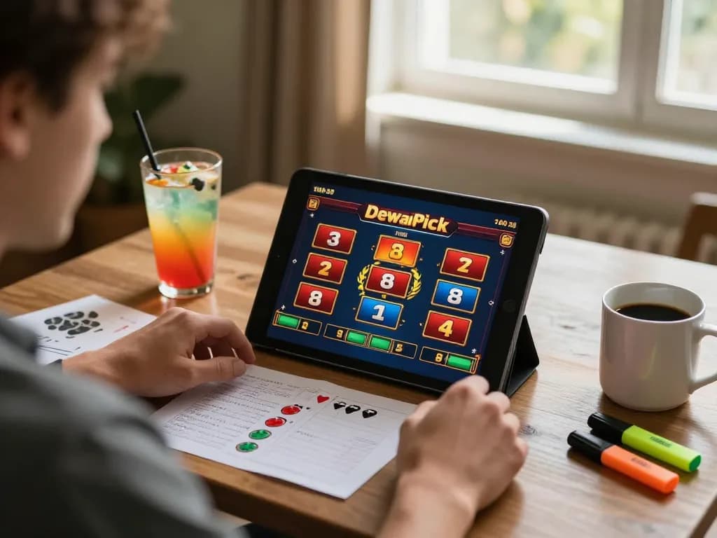 DewaPoker player engrossed in slot game on tablet with strategic notes around.
