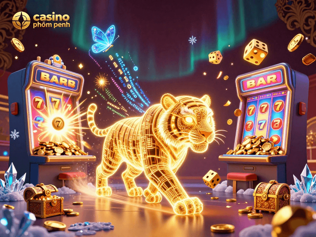 Experience the casino phnom penh atmosphere with a vibrant illustration of a golden tiger in a digital landscape.