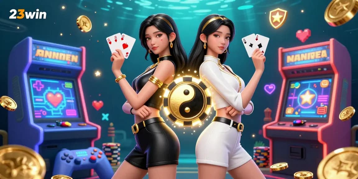 Win big at 23win with a vibrant illustration of twin Asian women in dazzling casino attire.