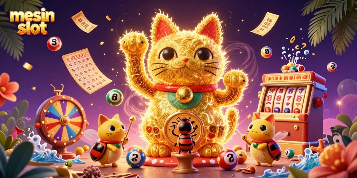 Experience the thrill of mesin slot with a dynamic scene of lucky cat symbols and lottery elements.