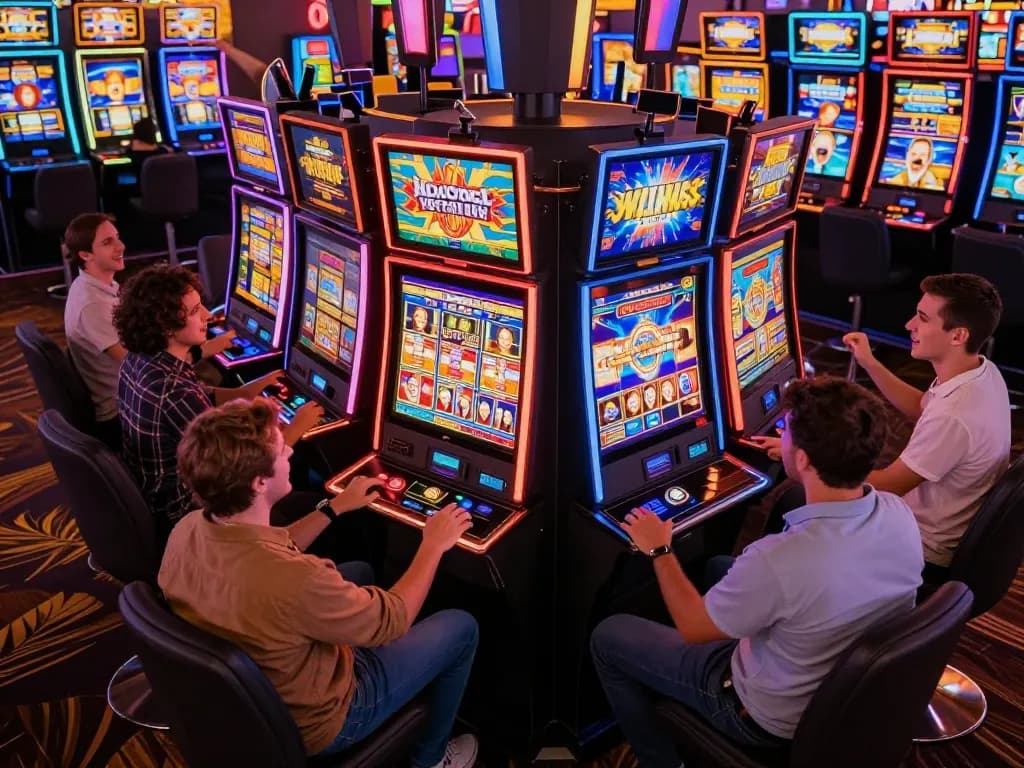 Engaging players celebrate wins at slot online machines in a lively casino scene.