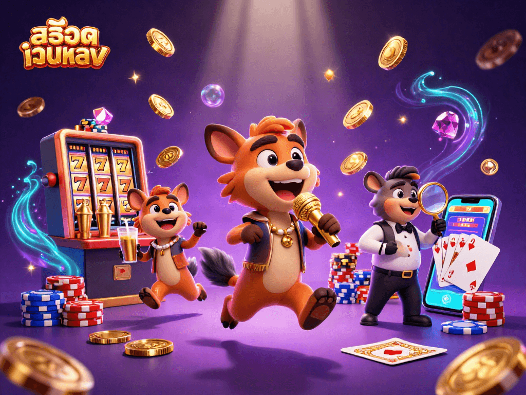 Experience the thrills of สล็อตเว็บตรง with this animated hyena comedy club scene, featuring slot machines and rich casino elements.