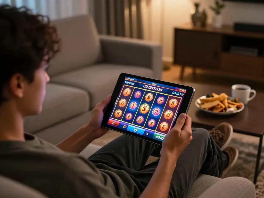 Playing สล็อต online with a tablet at home in a cozy, inviting environment