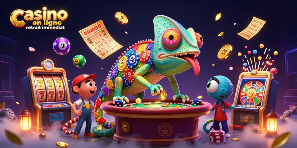 Gagnez avec le jeu casino en ligne retrait immédiat, mettant en scène un caméléon propriétaire de casino.
