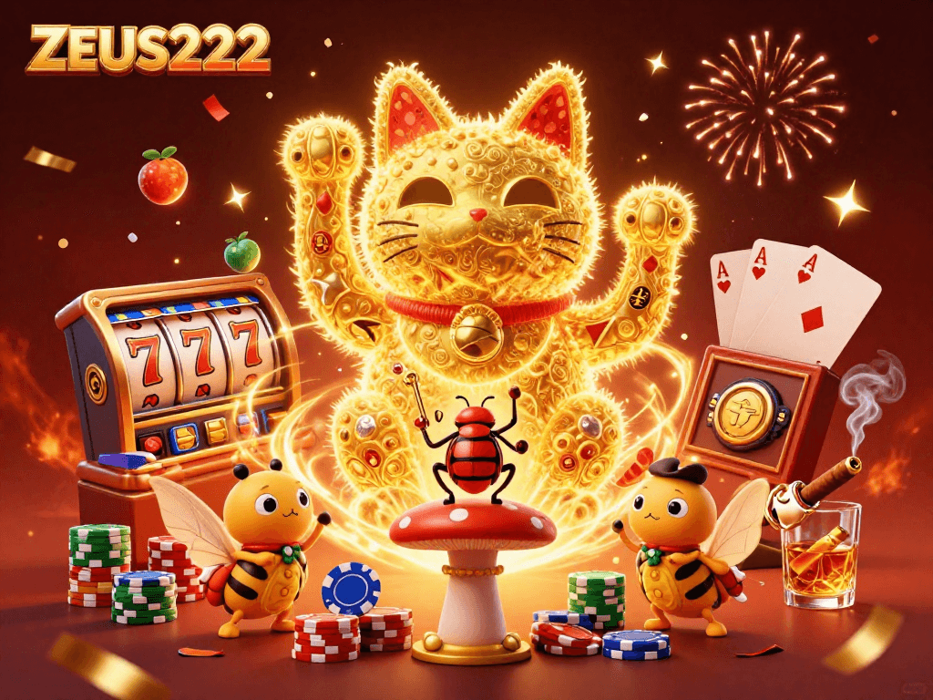 Experience big wins with ZEUS222 in this lively giant lucky cat slot scene.