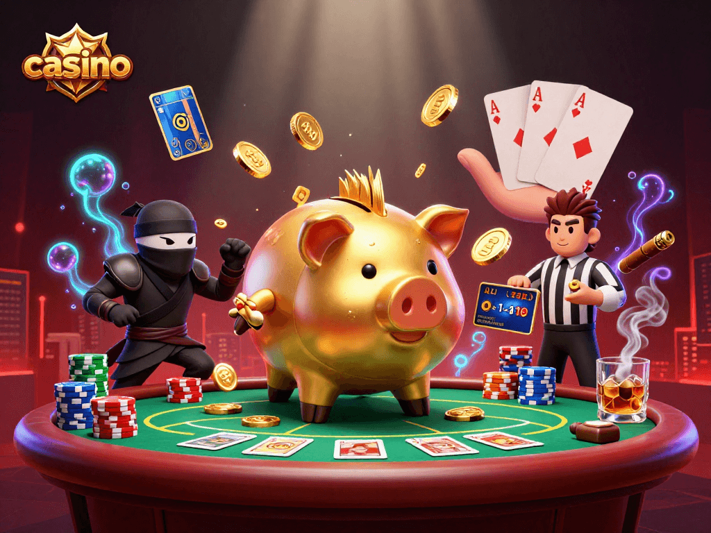 Engaging casino action scene featuring a golden piggy bank sumo wrestler amidst poker elements and vibrant details.