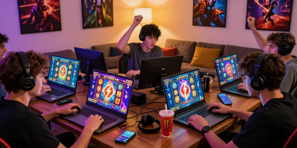 Exciting Zeus Slot gaming scene with players celebrating wins, animated graphics, and energetic atmosphere.