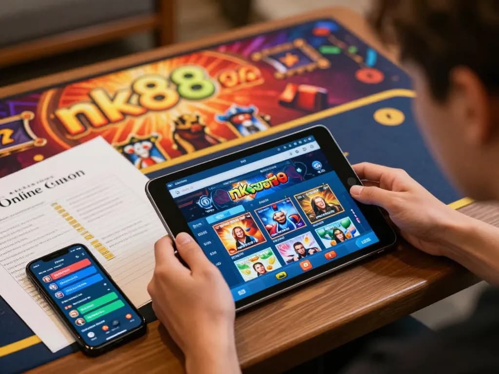 An engaged player using the nk88 casino app on a tablet, surrounded by strategy notes, showcasing the excitement of online gambling.