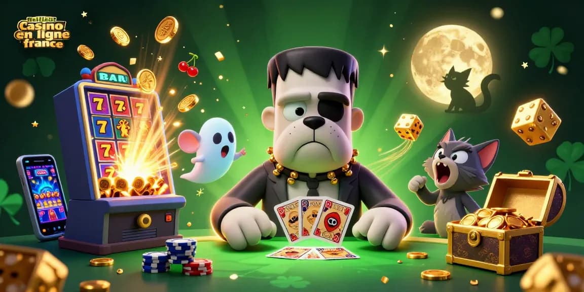 Visitez le meilleur casino en ligne en France avec un bulldog Frankenstein aux cartes et un chaton loup dans une scène colorée.