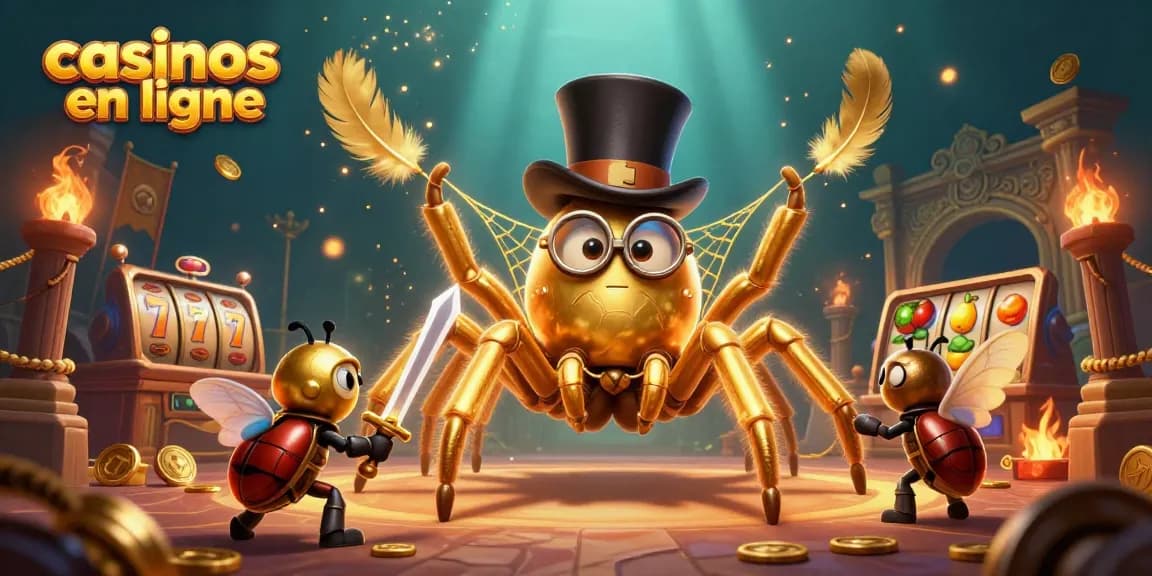 Découvrez les casinos en ligne avec une illustration dynamique mêlant jeux de machines à sous et personnages intrigants.