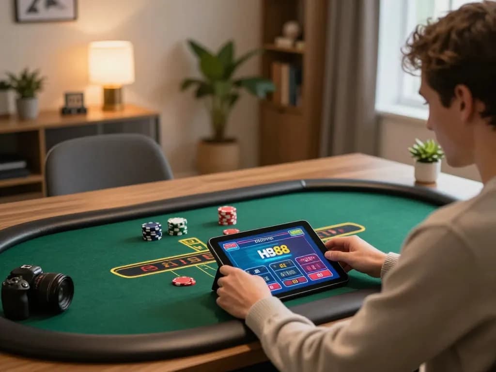 Engaging in live dealer blackjack on HB88 com, showcasing vibrant gameplay on a tablet.
