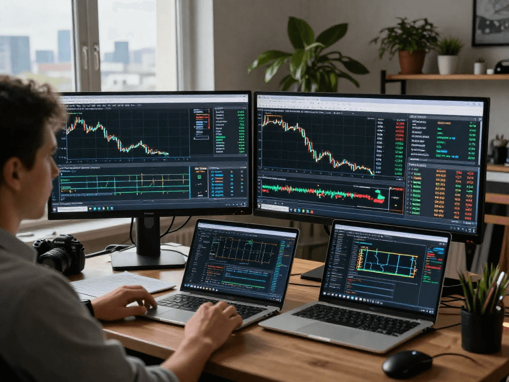 Trader using metatrader 5 analyzing Forex data in a modern workspace.