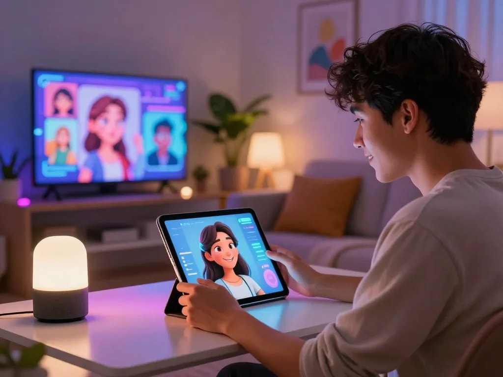 Engaging interaction with AI girlfriend on a tablet, showcasing modern tech and personal connection.
