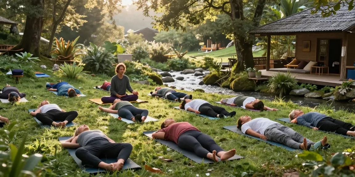 Group practicing pranayama courses in a tranquil yoga ashram surrounded by nature.