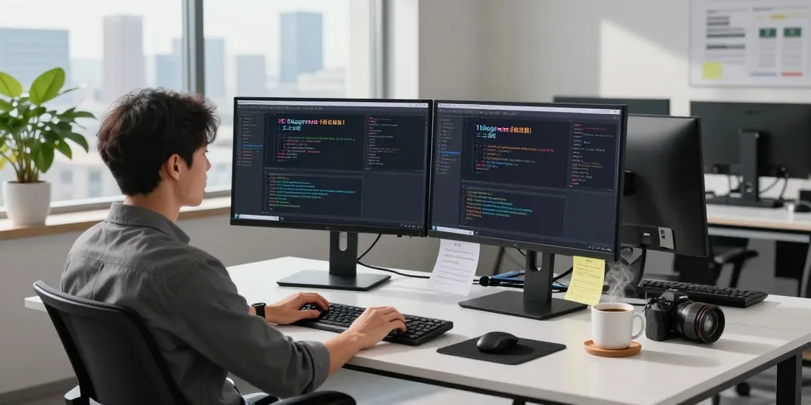 Working developer in a modern workspace focused on coding telegram中文版 application at dual monitors, enhancing productivity.