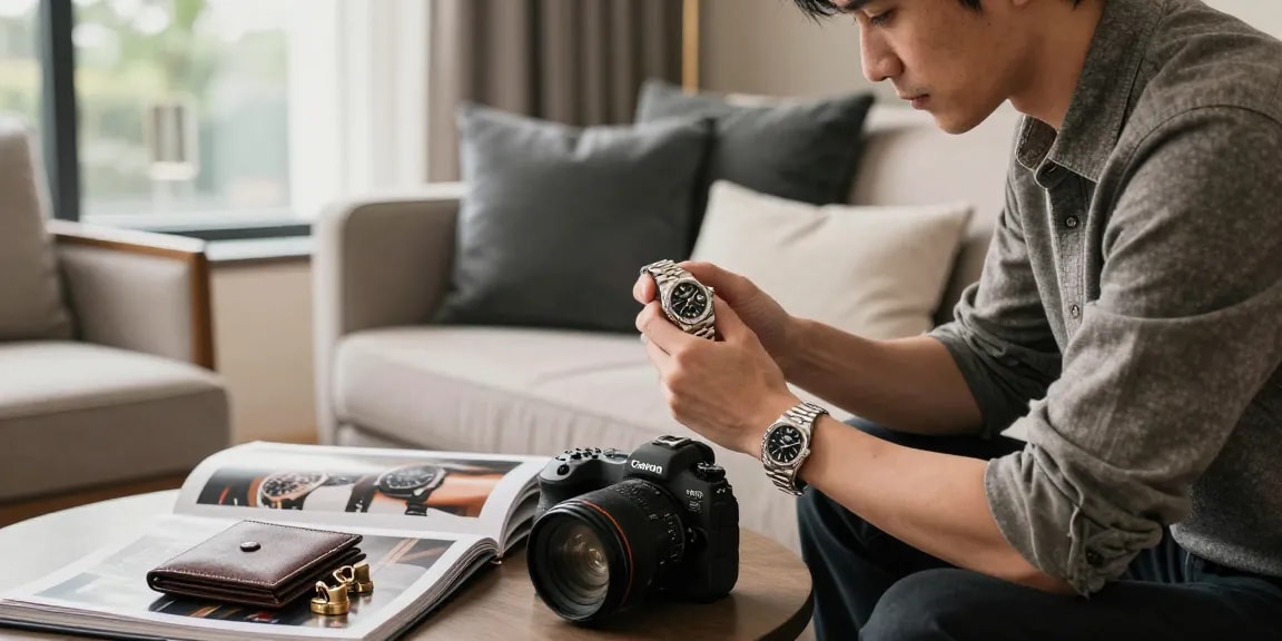 Luxury lifestyle scene featuring a rolex replica watch in an elegant living room setting