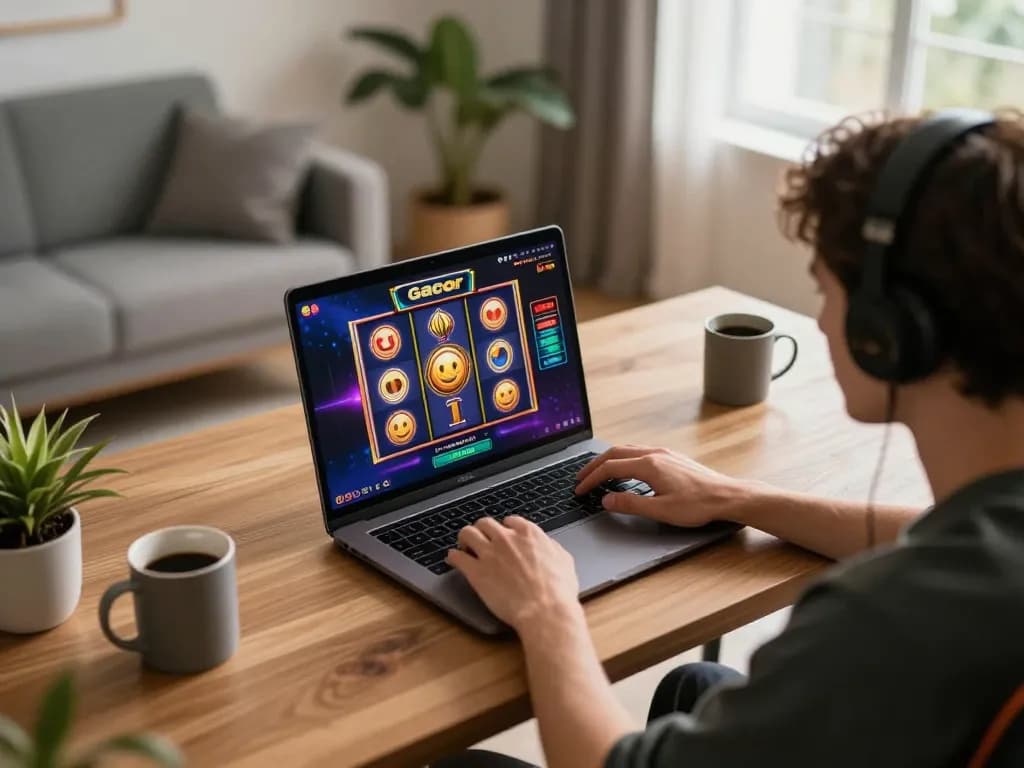 Engaging in slot gacor gameplay on a laptop at home, showcasing modern online casino experience.