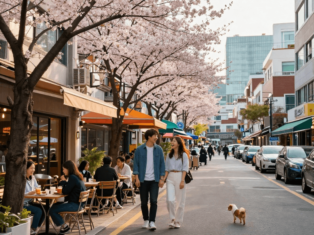 강남 달토의 봄 풍경, 벚꽃 아래 카페에서 행복한 커플과 따뜻한 분위기.