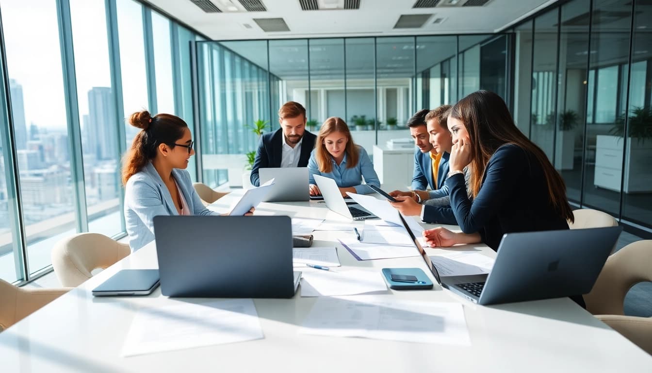 Team collaborating on Contract Management documents in a modern office setting.