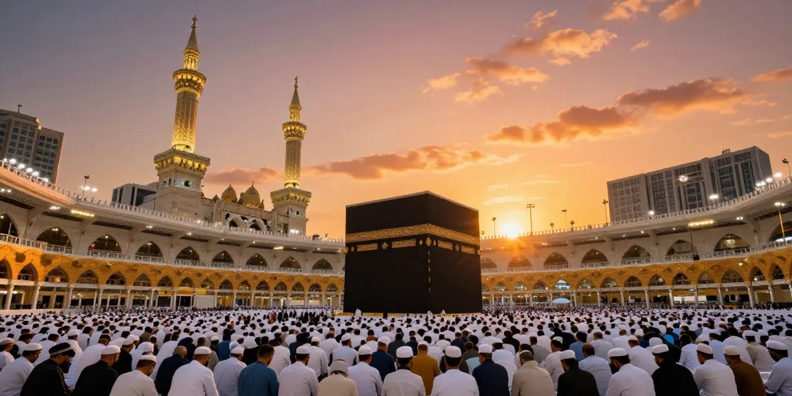 Umroh Ramadhan pilgrimage in Makkah at sunset, showcasing the sacred Kaaba.