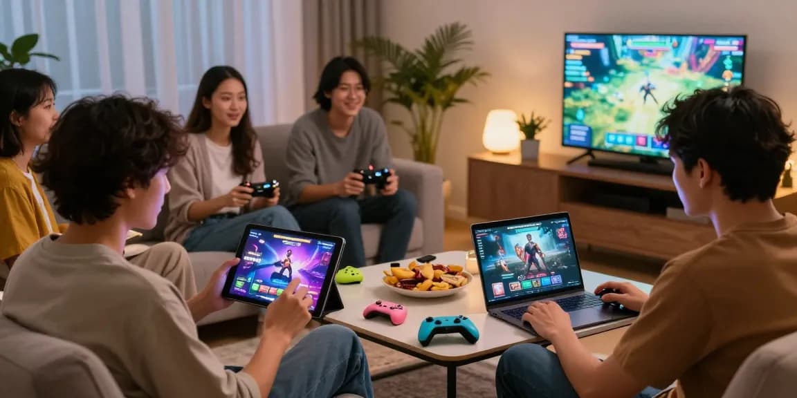 Group enjoying free porn games in a cozy living room setting, highlighting casual gaming atmosphere.