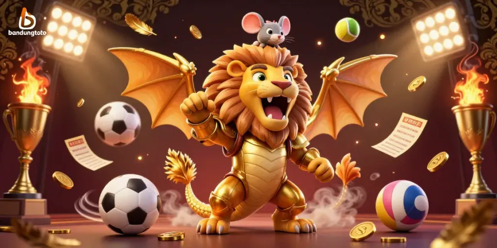 Experience the thrill of bandungtoto with golden trophy and vibrant sports elements surrounding a winning chimera.
